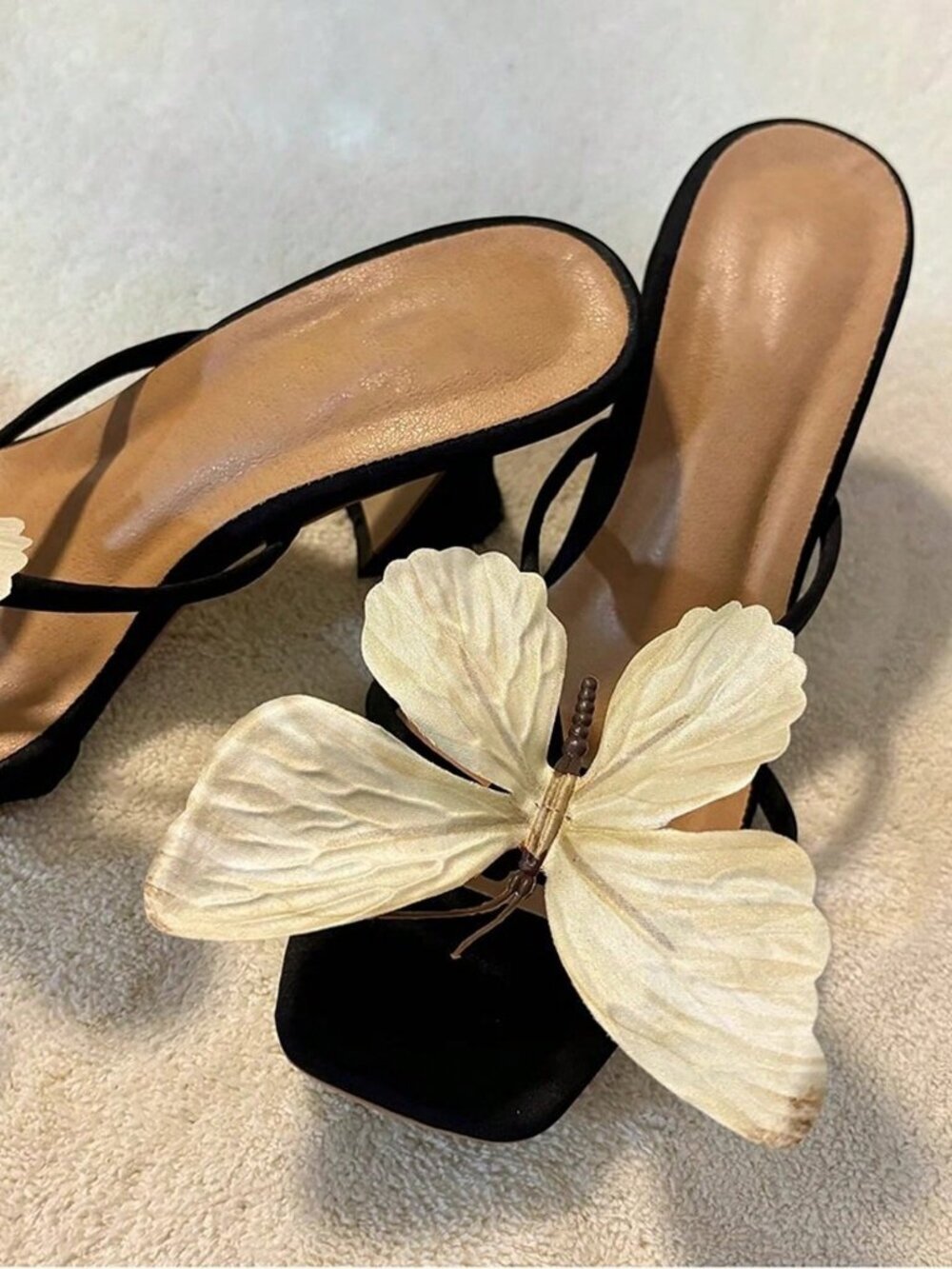 Black Chic Women's Square Open Toe Butterfly Decor Heels - Picture 4 of 6